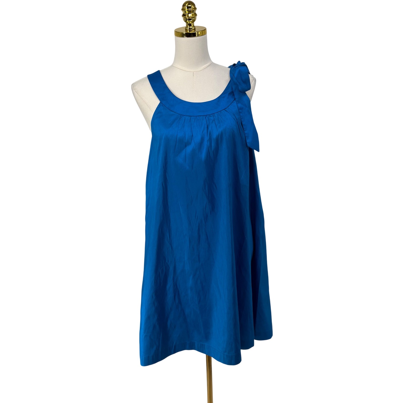 Theory Steffen W Attempt Blue Raw Silk Bow Shoulder Shift Dress Size 12 Luxury